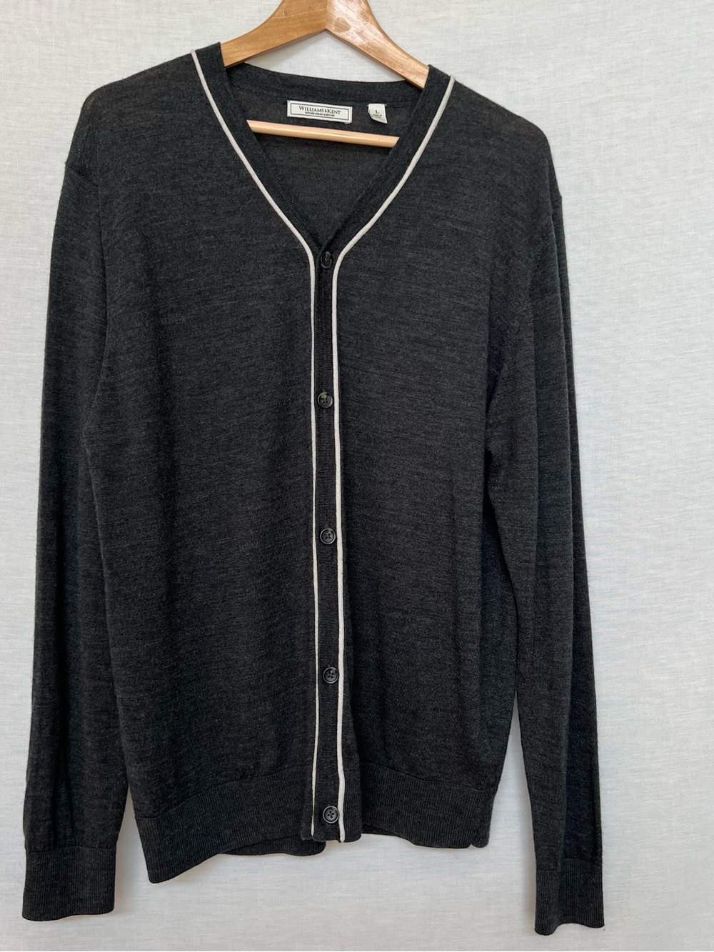 Men's Gray 100% Merino Wool V-Neck Button Down Cardigan with Contrast Trim